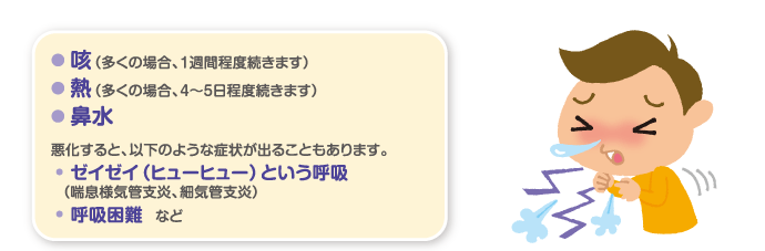 咳（多くの場合、1週間程度続きます）　熱（多くの場合、4～5日程度続きます）　鼻水　悪化すると、以下のような症状が出ることもあります。　ゼイゼイ（ヒューヒュー）という呼吸（喘息様気管支炎、細気管支炎）　呼吸困難など